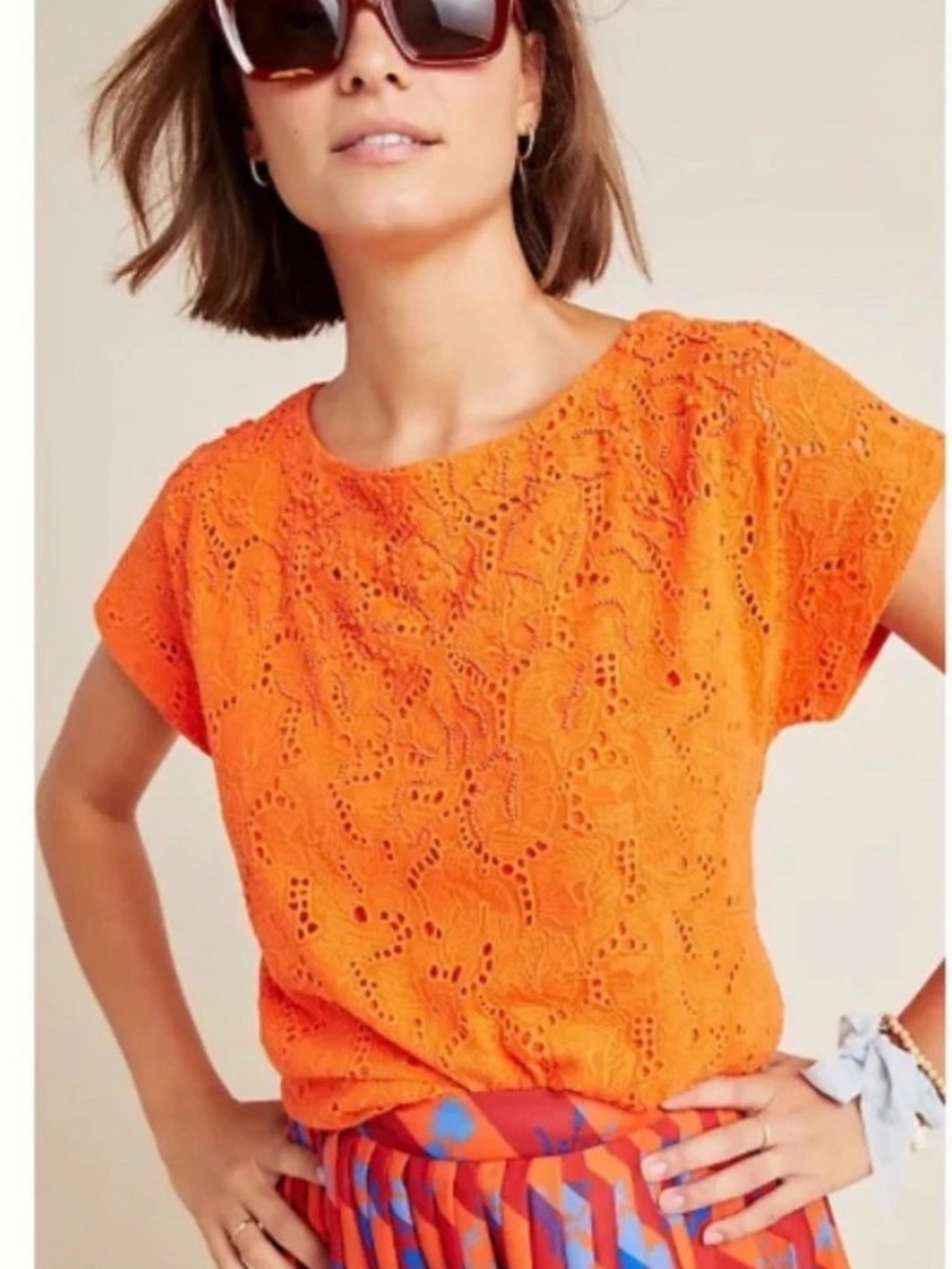 Maeve Anthropologie Women’s Orange Eyelet Short-Sleeve Top size Small